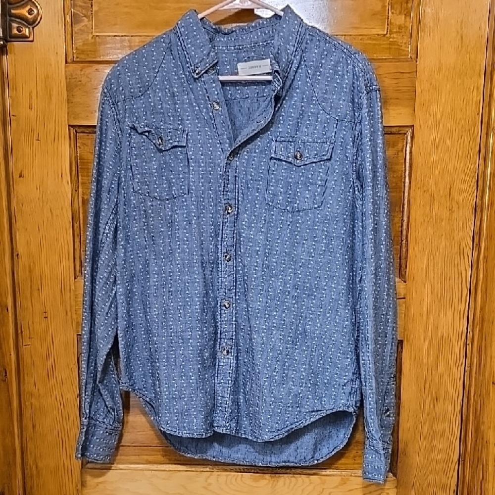 Grey Hyde Blue Long Sleeve Button Down Shirt with Denim Texture L